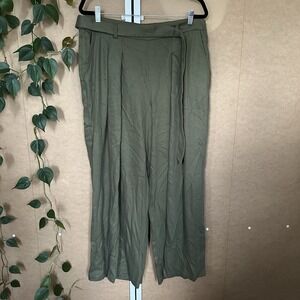 Eileen Fisher Pants Womens 14 Green High Waist Tencel Twill Wide Leg Tie Belt